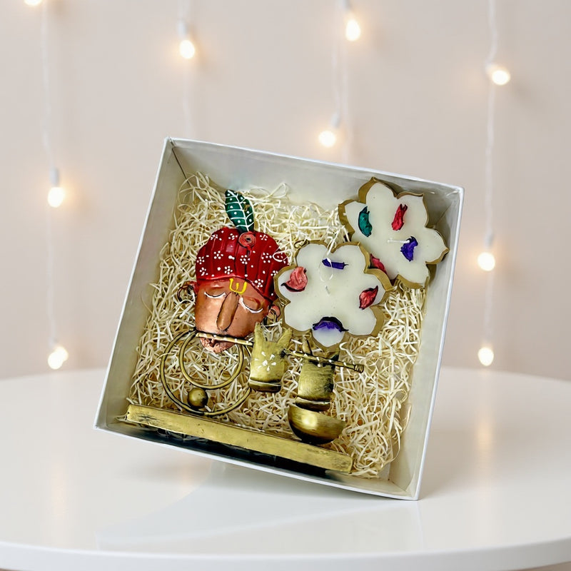Diwali Gift Box – Krishna T-Light & Metal Wax Diya Combo
