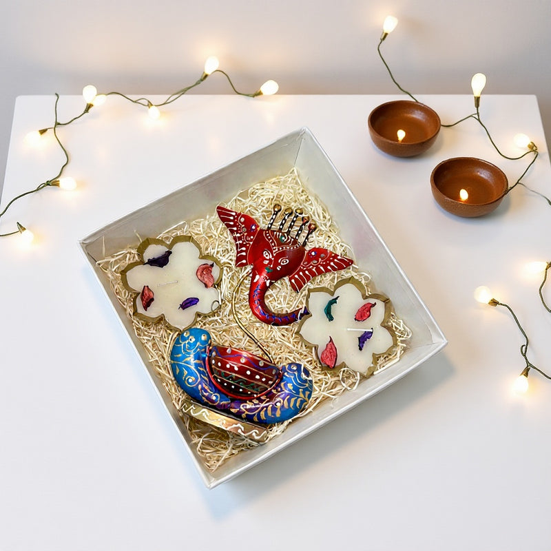 Diwali Gift Box – Ganesh T-Light & Metal Wax Diya Combo