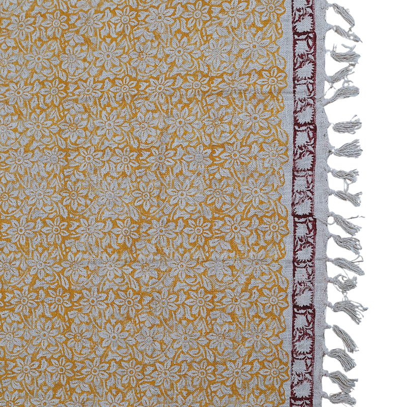 Mustard Floral Block Print Cotton Throw with Tassels | Perfect for Living Room and Bedroom Decor