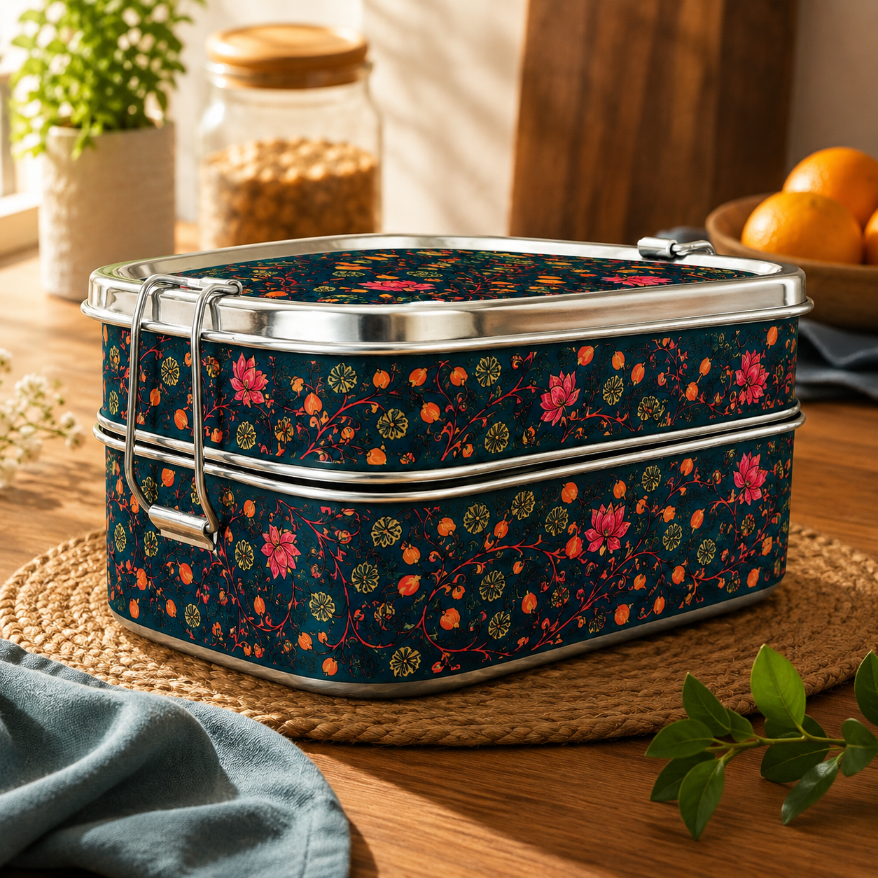 Eco-Friendly Ethnic Meenakari 2-Tier Steel Tiffin