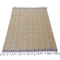 Mustard Floral Block Print Cotton Throw with Tassels | Perfect for Living Room and Bedroom Decor