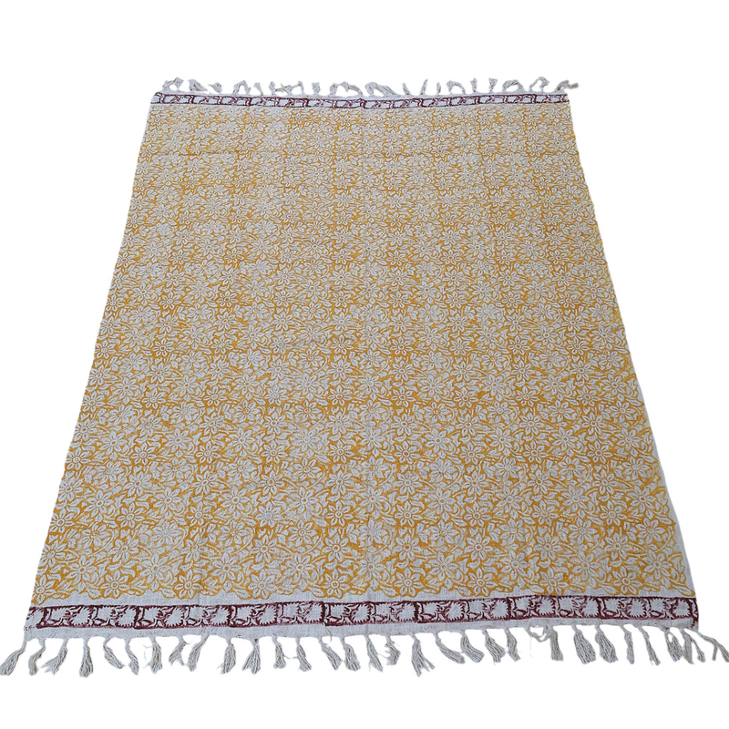 Mustard Floral Block Print Cotton Throw with Tassels | Perfect for Living Room and Bedroom Decor