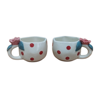 Handmade Ceramic Polka Dot Tea Cups | Floral Rose Handle Mugs for Coffee & Tea – Set of 2