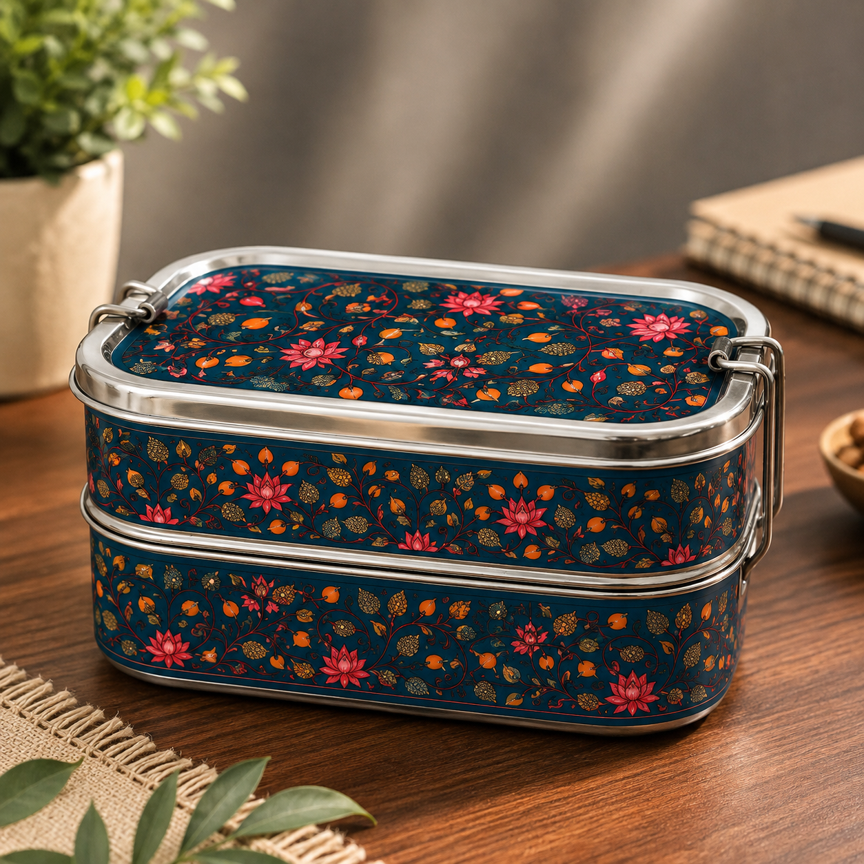 Eco-Friendly Ethnic Meenakari 2-Tier Steel Tiffin
