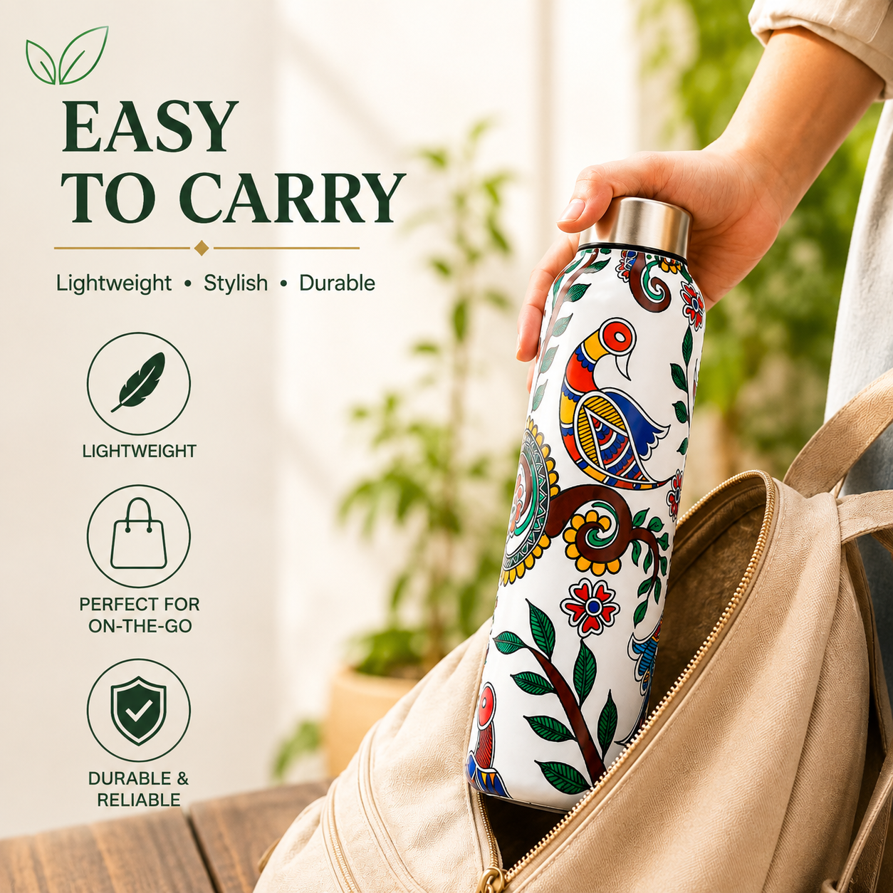 Traditional Design Handcrafted Eco-Friendly Meenakari Steel Bottle(1L)