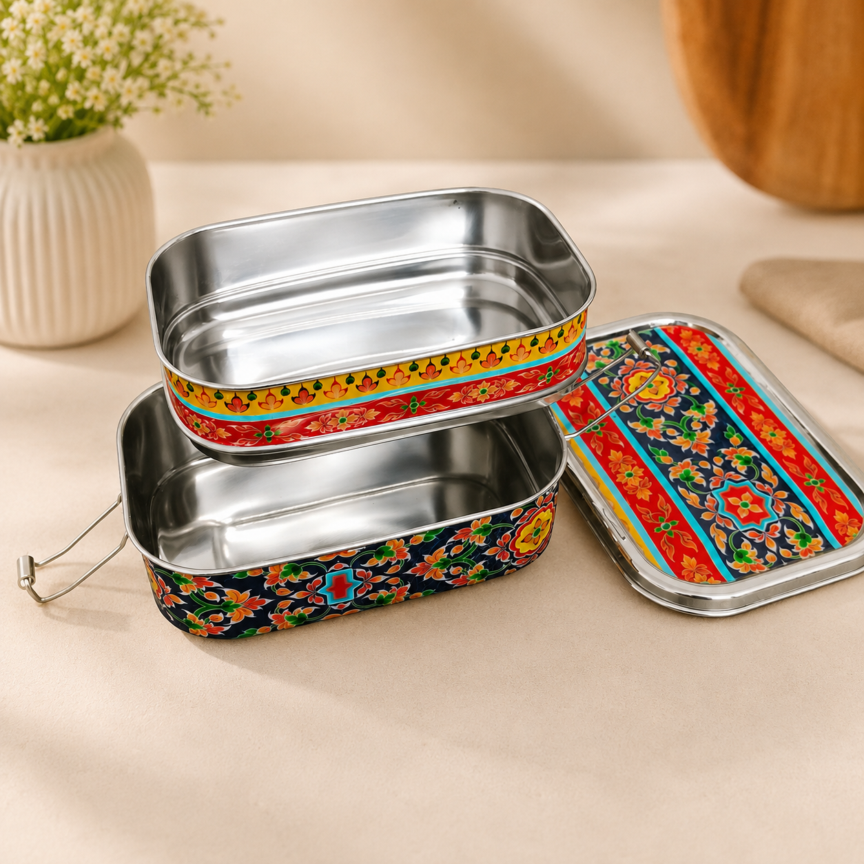 Eco-Friendly Ethnic Meenakari 2-Tier Steel Tiffin
