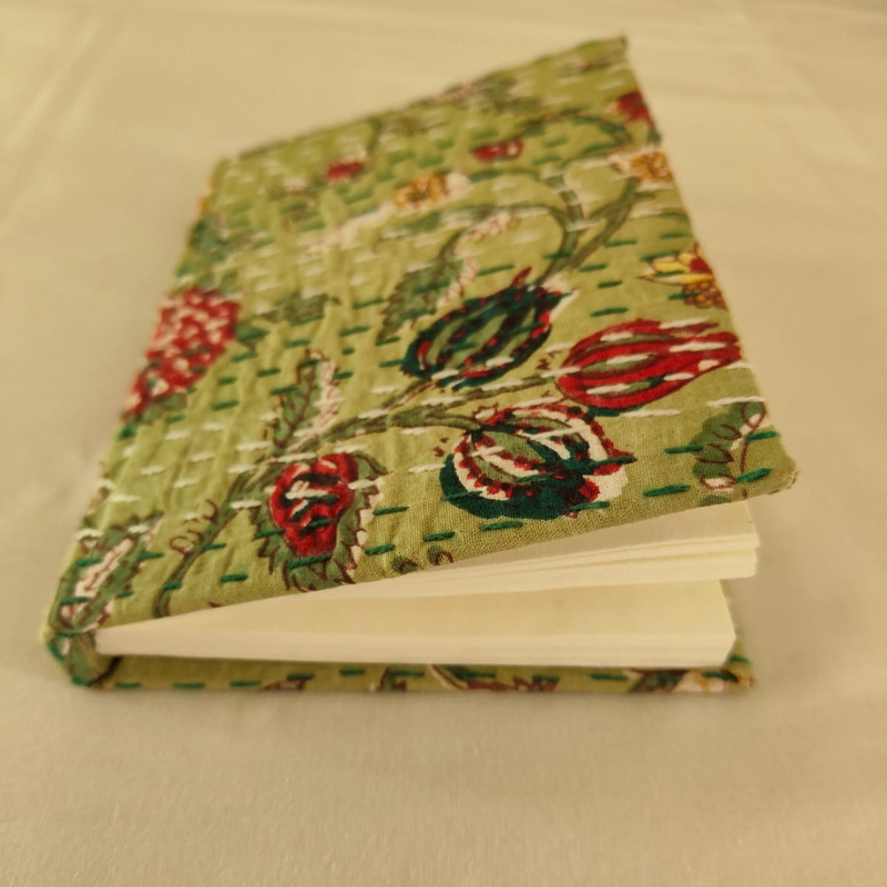 Green Floral Kantha Stitch Diary | Handmade Fabric Diary for Writing & Notes