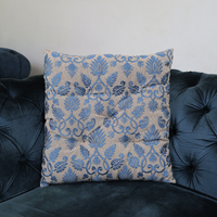Elegant Blue Leaf Brocade Cushion – Luxe Decorative Sofa Pillow