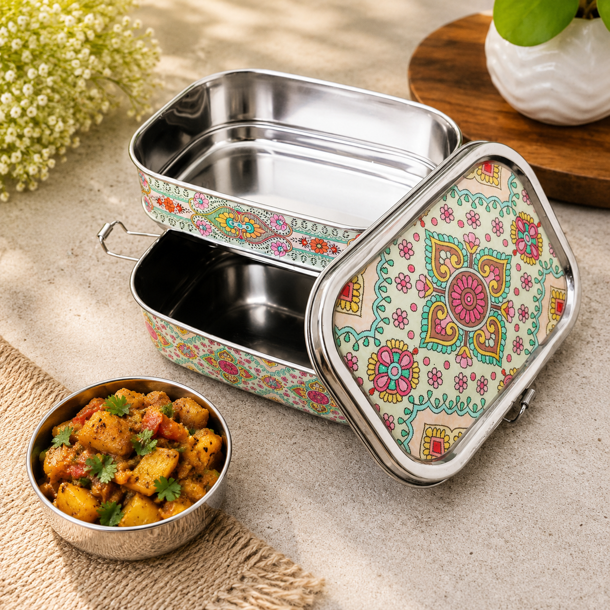 Eco-Friendly Ethnic Meenakari 2-Tier Steel Tiffin