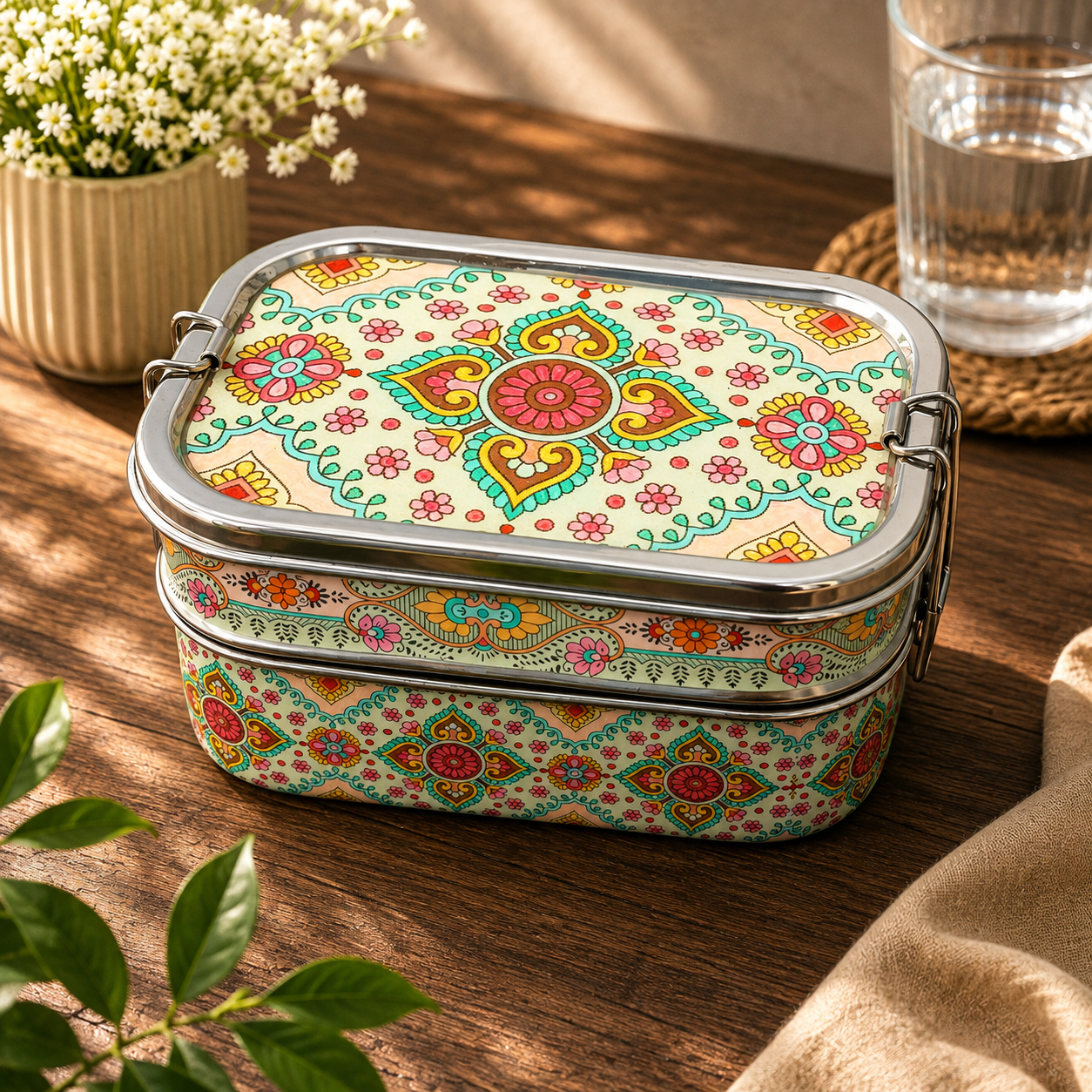 Eco-Friendly Ethnic Meenakari 2-Tier Steel Tiffin