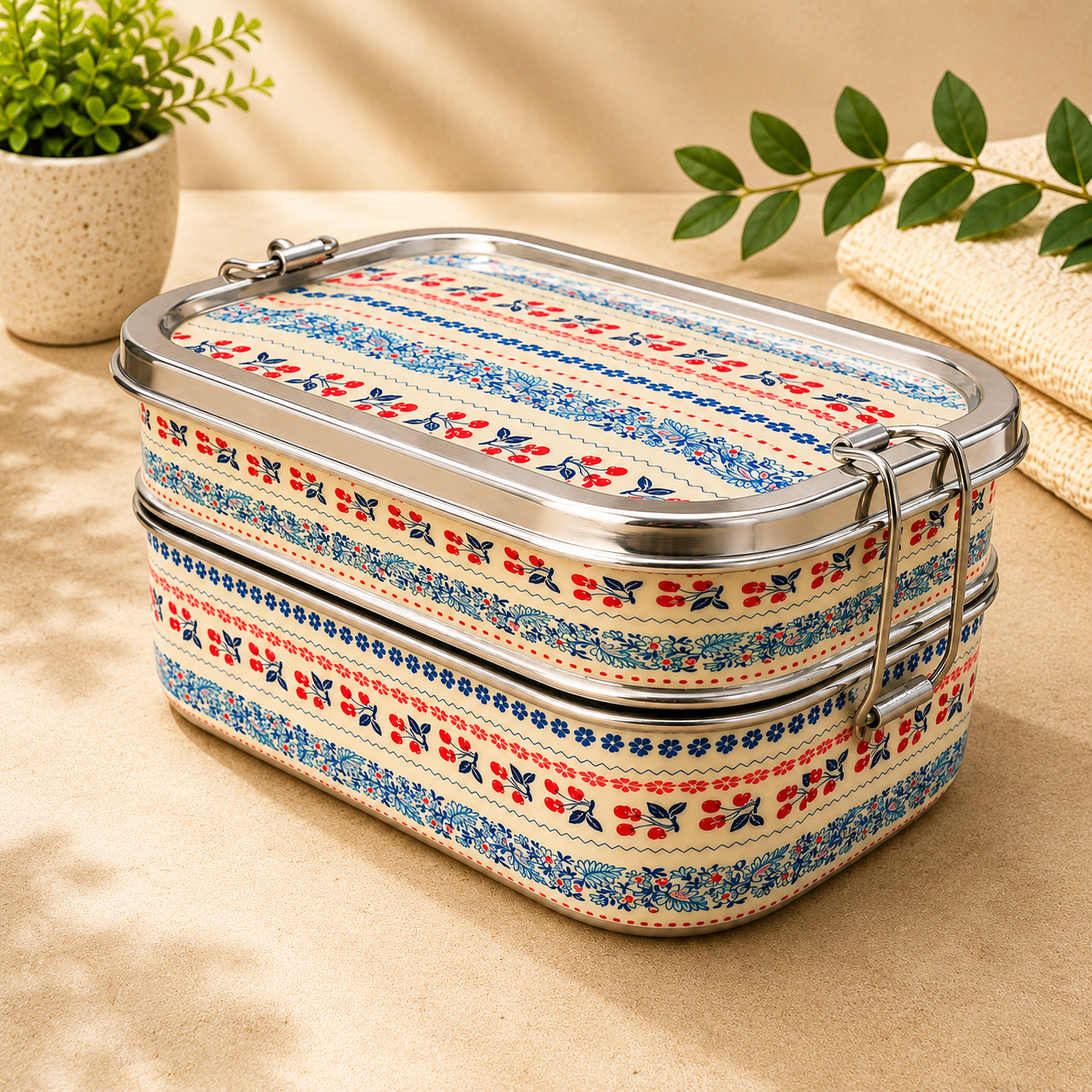 Eco-Friendly Ethnic Meenakari 2-Tier Steel Tiffin