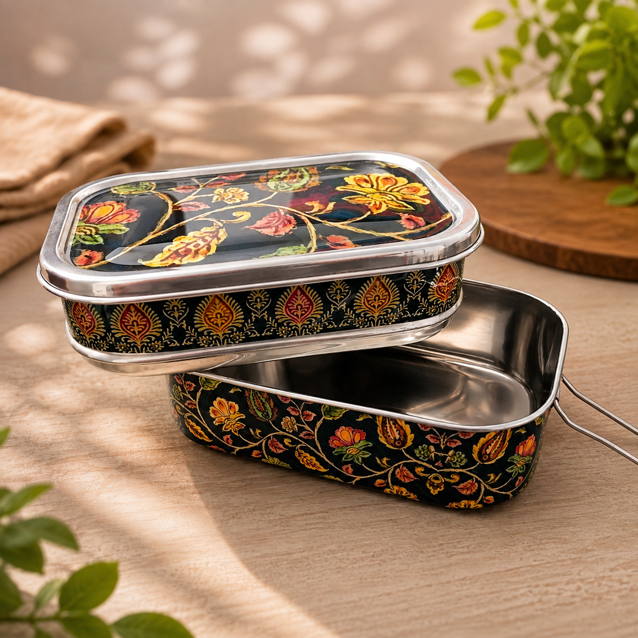 Eco-Friendly Ethnic Meenakari 2-Tier Steel Tiffin