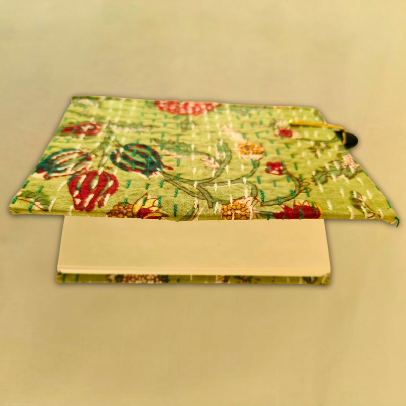 Green Floral Kantha Stitch Diary | Handmade Fabric Diary for Writing & Notes