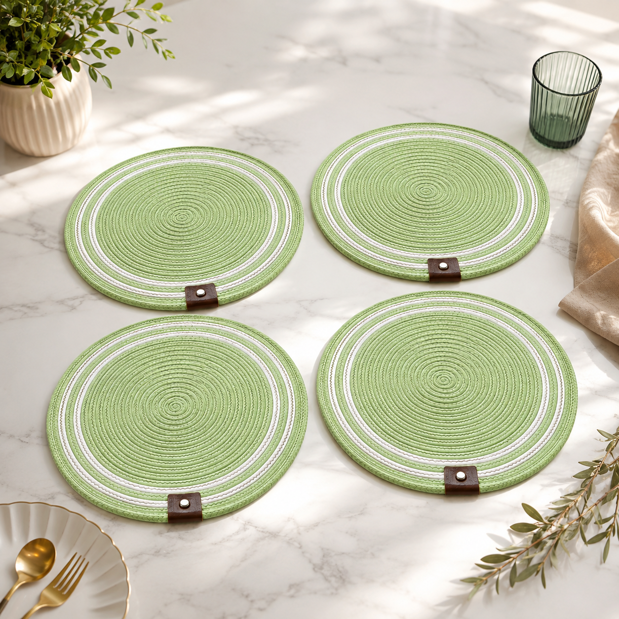 Handwoven Round Dining Table Placemats – Set of 4 | Green