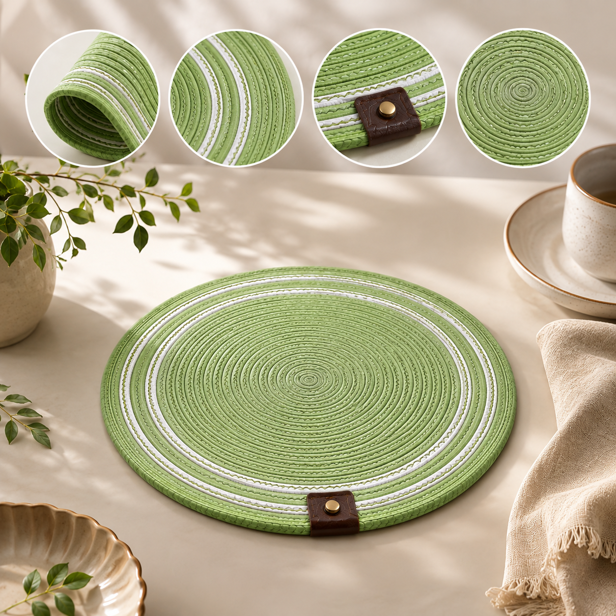 Handwoven Round Dining Table Placemats – Set of 4 | Green