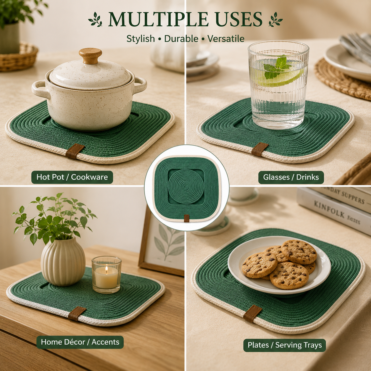 Handcrafted Green Braided Table Mats – Set of 4 | Premium Dining Placemats