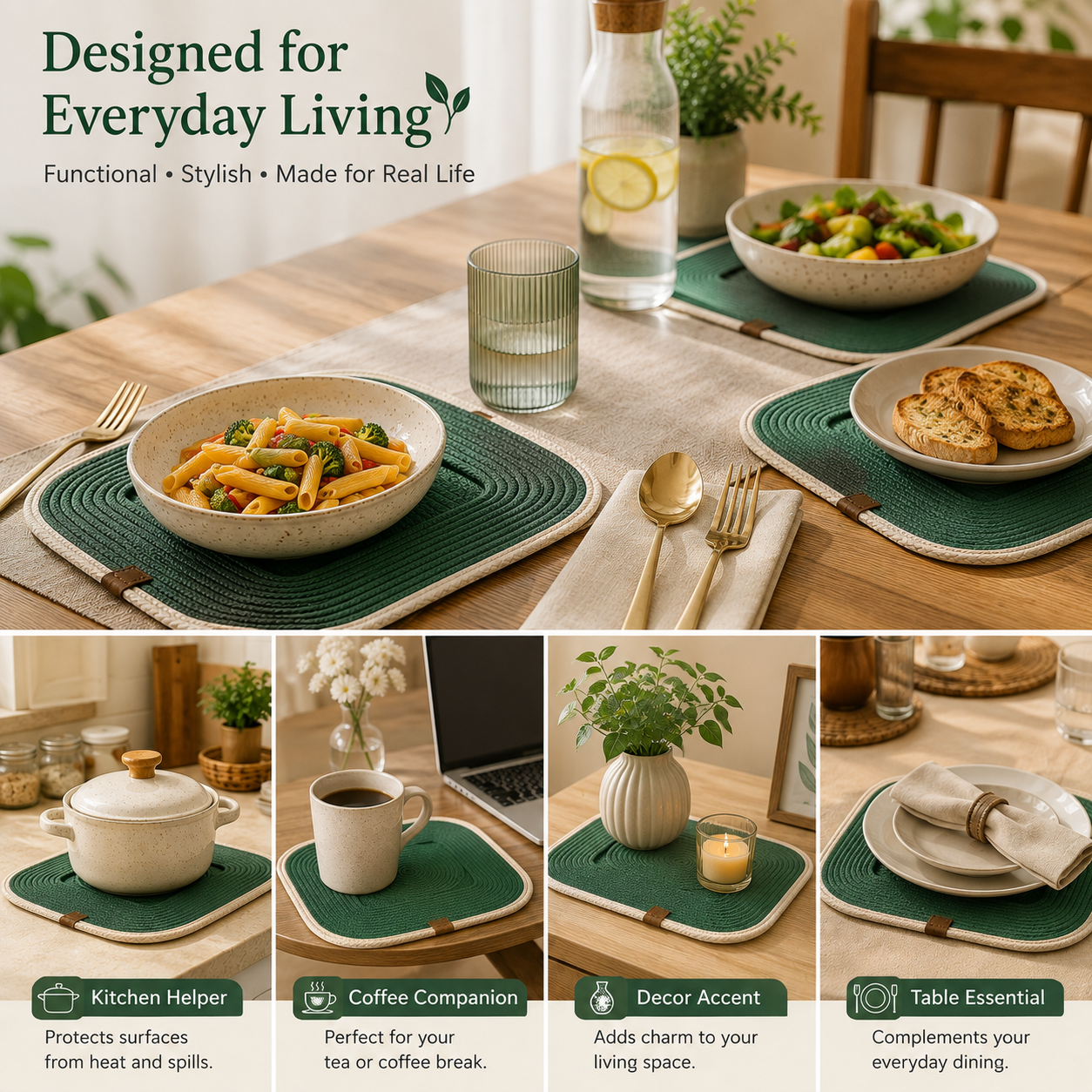 Handcrafted Green Braided Table Mats – Set of 4 | Premium Dining Placemats