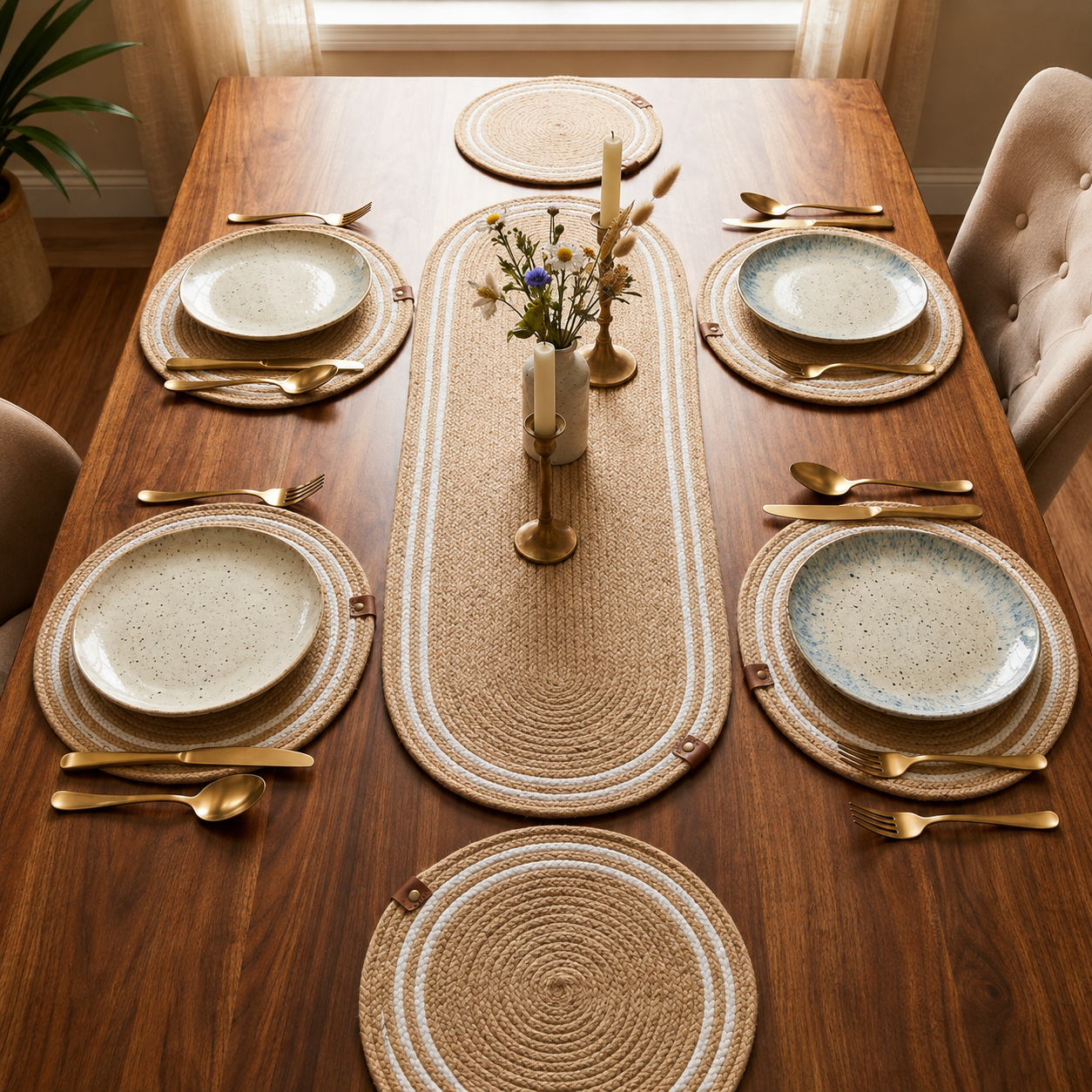 Rustic Woven Dining Table Mat & Runner Set -( Set Of 7)