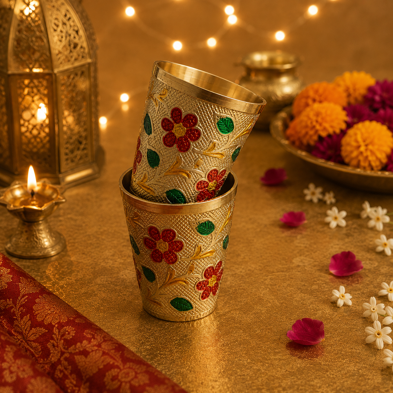 Brass Floral Puja Glasses - Set of 2