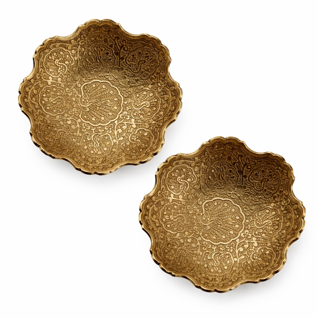Handcrafted Brass Decorative Bowls Set of 2 | Antique Engraved Floral Design Serving Bowls