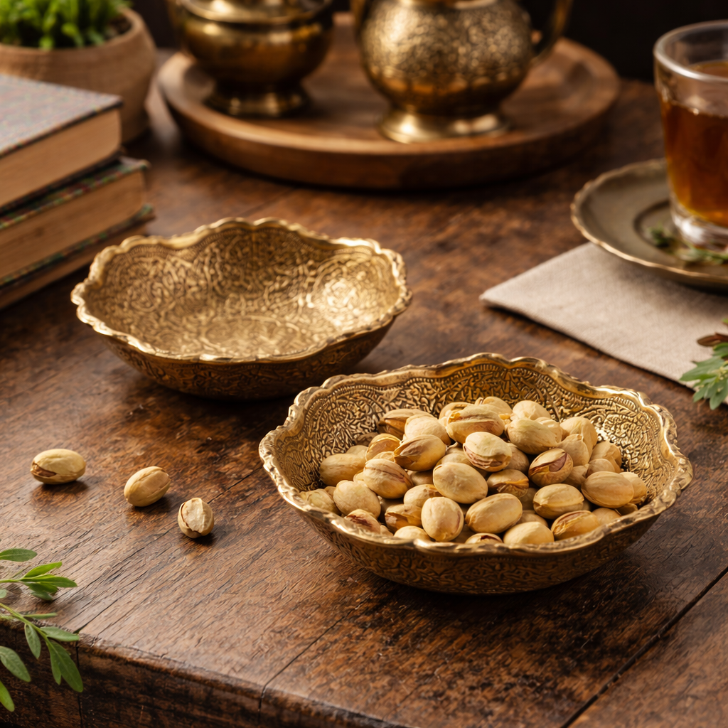 Handcrafted Brass Decorative Bowls Set of 2 | Antique Engraved Floral Design Serving Bowls