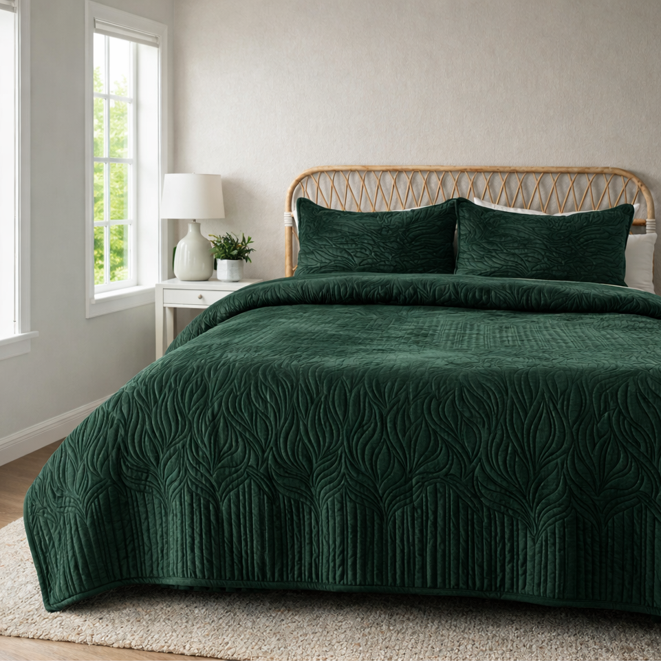 Velvety Quilted Bedcover Set with 2 Pillow Covers – Soft Premium Bedding- Green