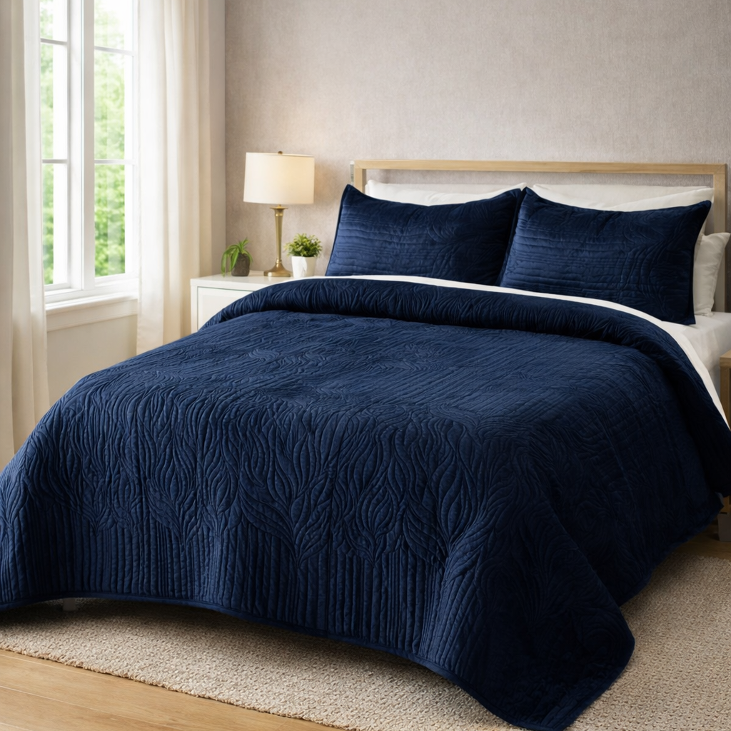 Velvety Quilted Bedcover Set with 2 Pillow Covers – Soft Premium Bedding- Blue