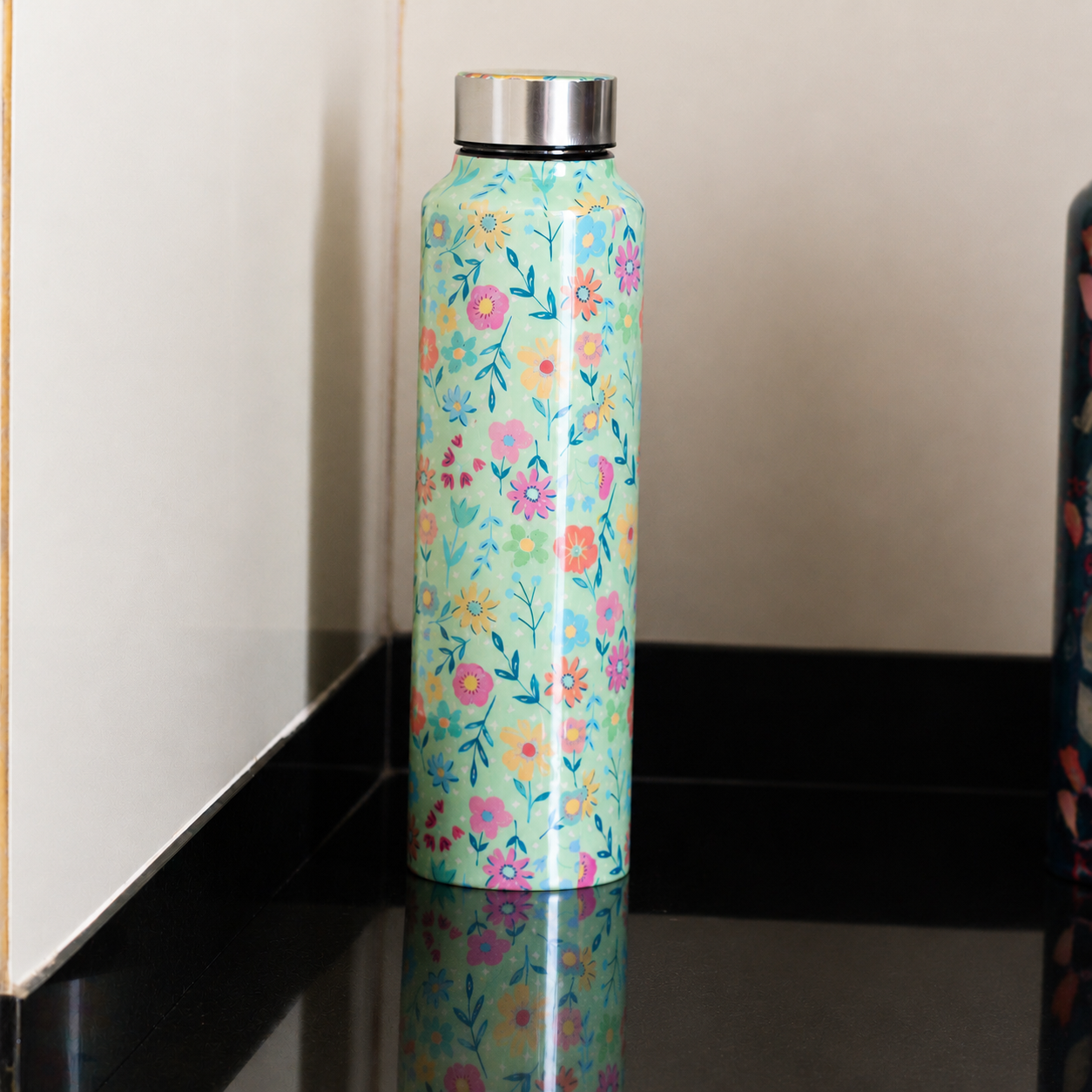 BG| Handcrafted Eco-Friendly Meenakari Stainless Steel Bottle(1L)-Green Floral
