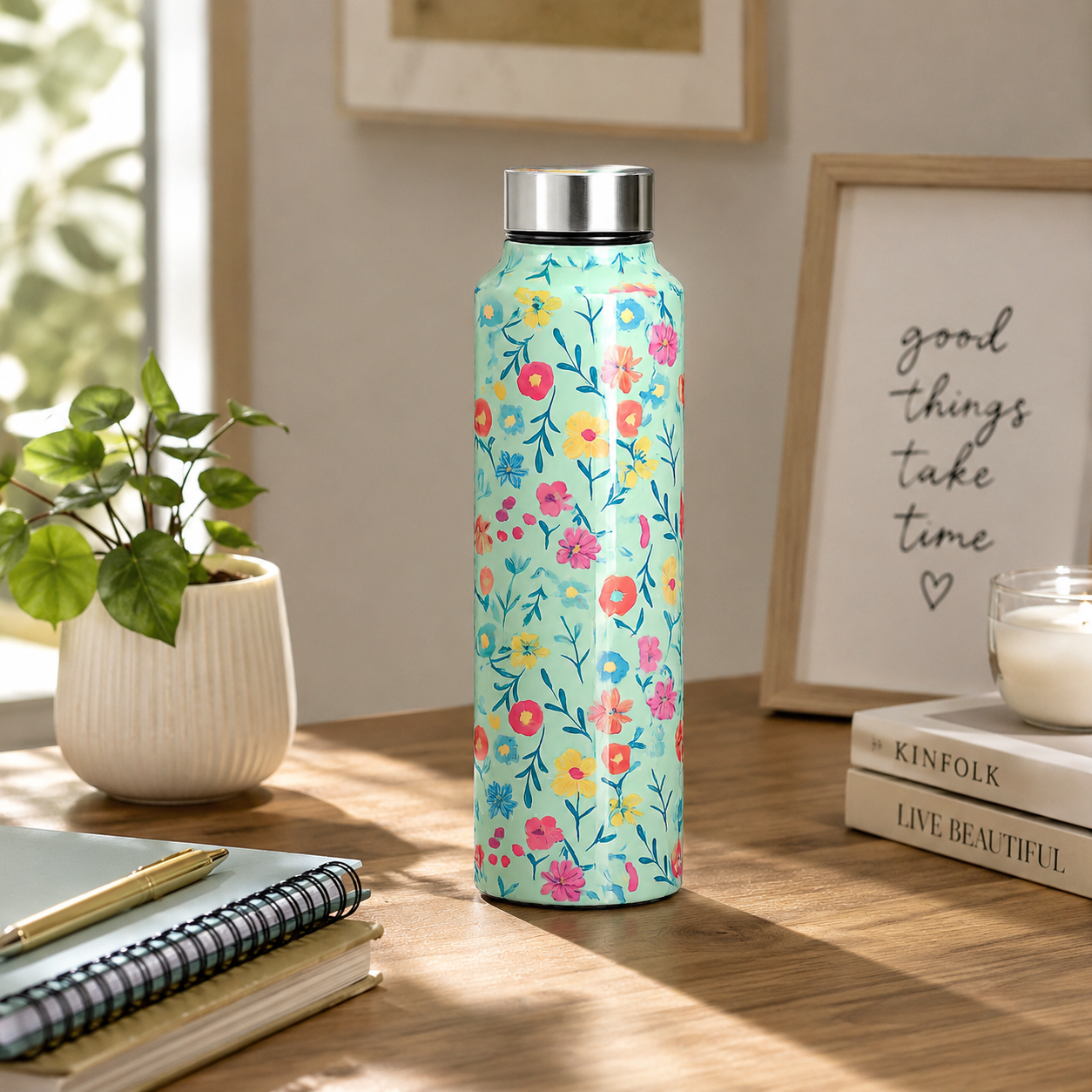 BG| Handcrafted Eco-Friendly Meenakari Stainless Steel Bottle(1L)-Green Floral