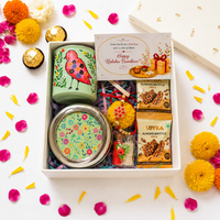 Premium Rakhi Gift Box-Green Floral  Snacks Box + Sparrow Mug