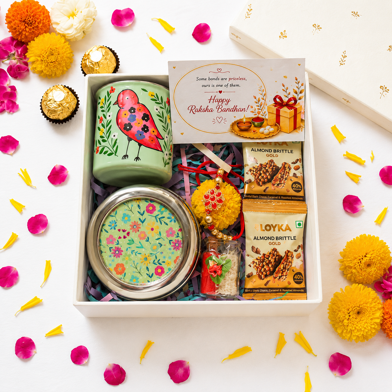 Premium Rakhi Gift Box-Green Floral  Snacks Box + Sparrow Mug