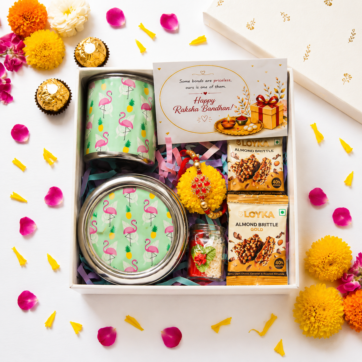 Premium Rakhi Gift Box- Flamingo Snacks Box + Flamingo Mug