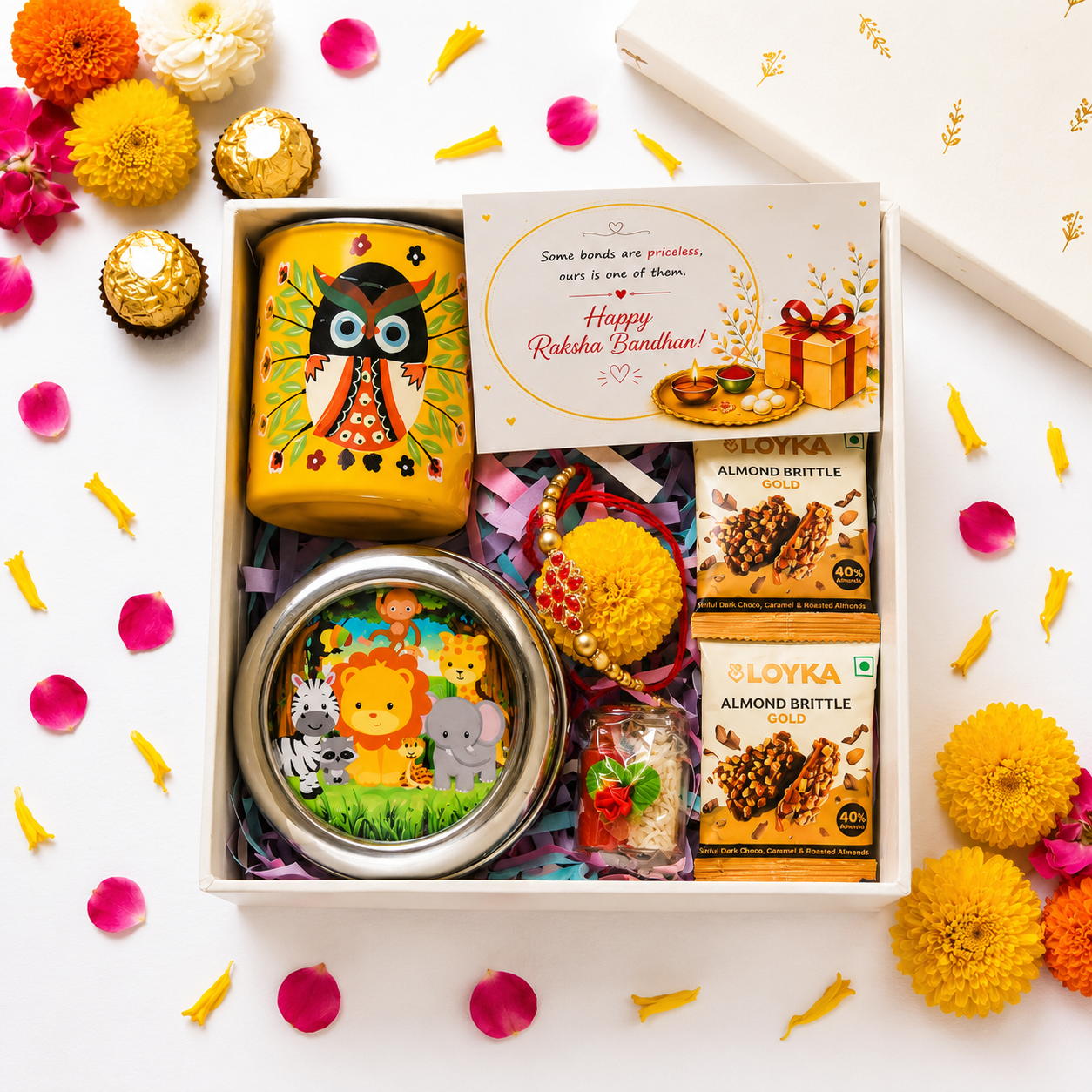 Premium Rakhi Gift Box-Zoo Snacks Box + Owl Mug