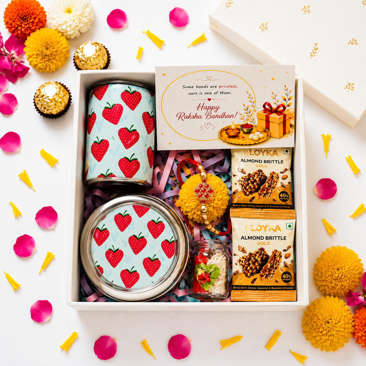 Premium Rakhi Gift Box-Strawberry Snackbox + Strawberry Mug