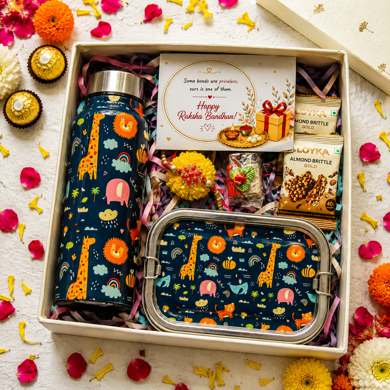 Premium Rakhi Gift Box-Animal Bottle+ Animal 1 tier Lunchbox
