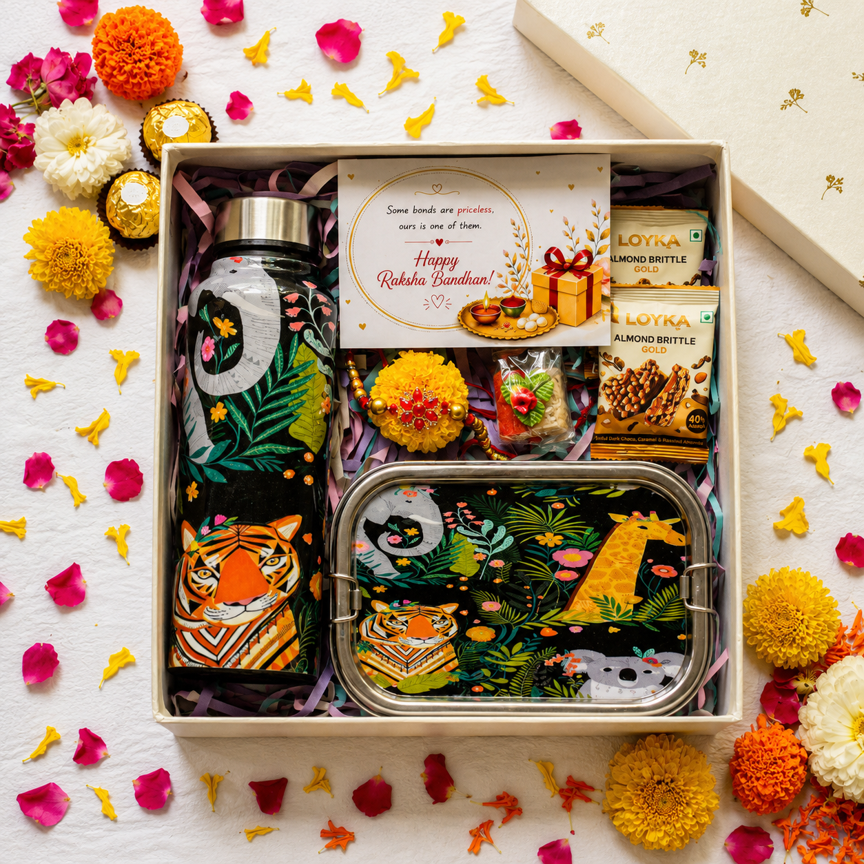 Premium Rakhi Gift Box-Jungle Bottle+ Jungle 1 tier Lunchbox