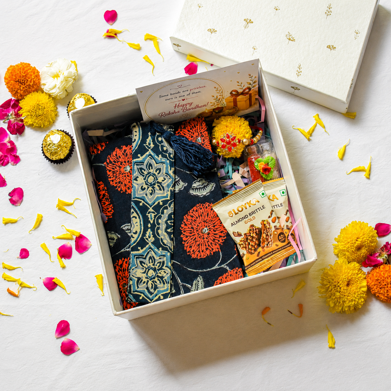 Premium Rakhi Gift Box- Bookmark Geometric Print + Diary  Navy Blue Floral