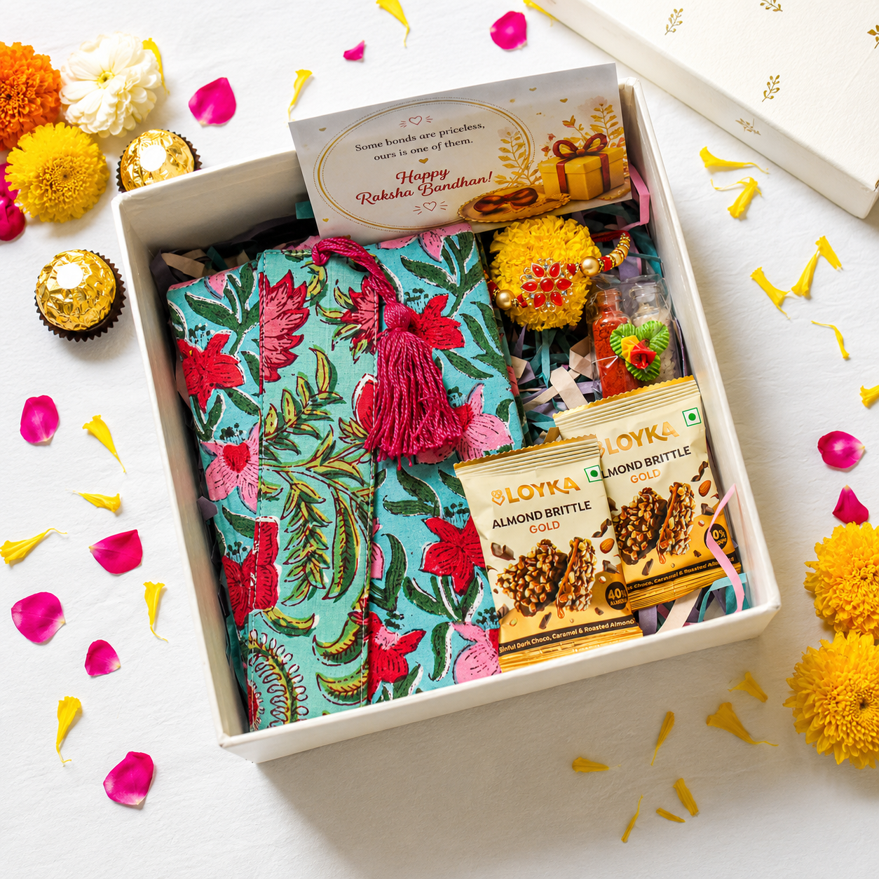 Premium Rakhi Gift Box- Bookmark Green Floral Print + Diary Green Floral