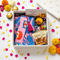 Premium Rakhi Gift Box- Bookmark Owl Print + Diary Blue Leaf