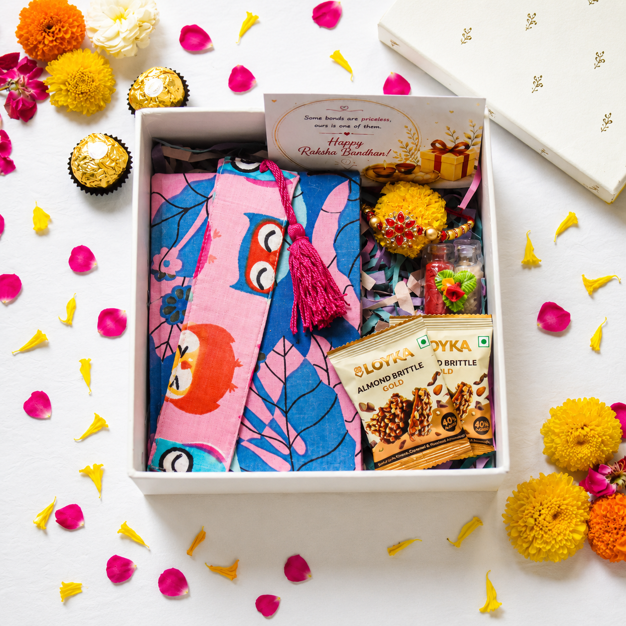 Premium Rakhi Gift Box- Bookmark Owl Print + Diary Blue Leaf