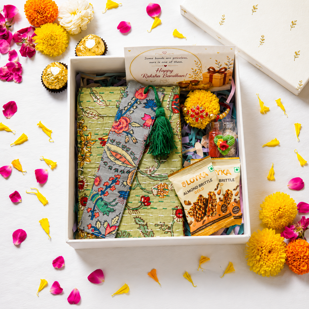 Premium Rakhi Gift Box- Bookmark Grey Floral Print + Diary Green Kantha
