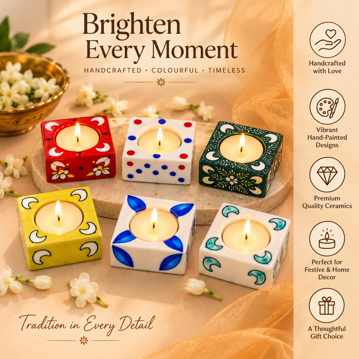Floral Meenakari Square Diya Candle Holder Set of 6