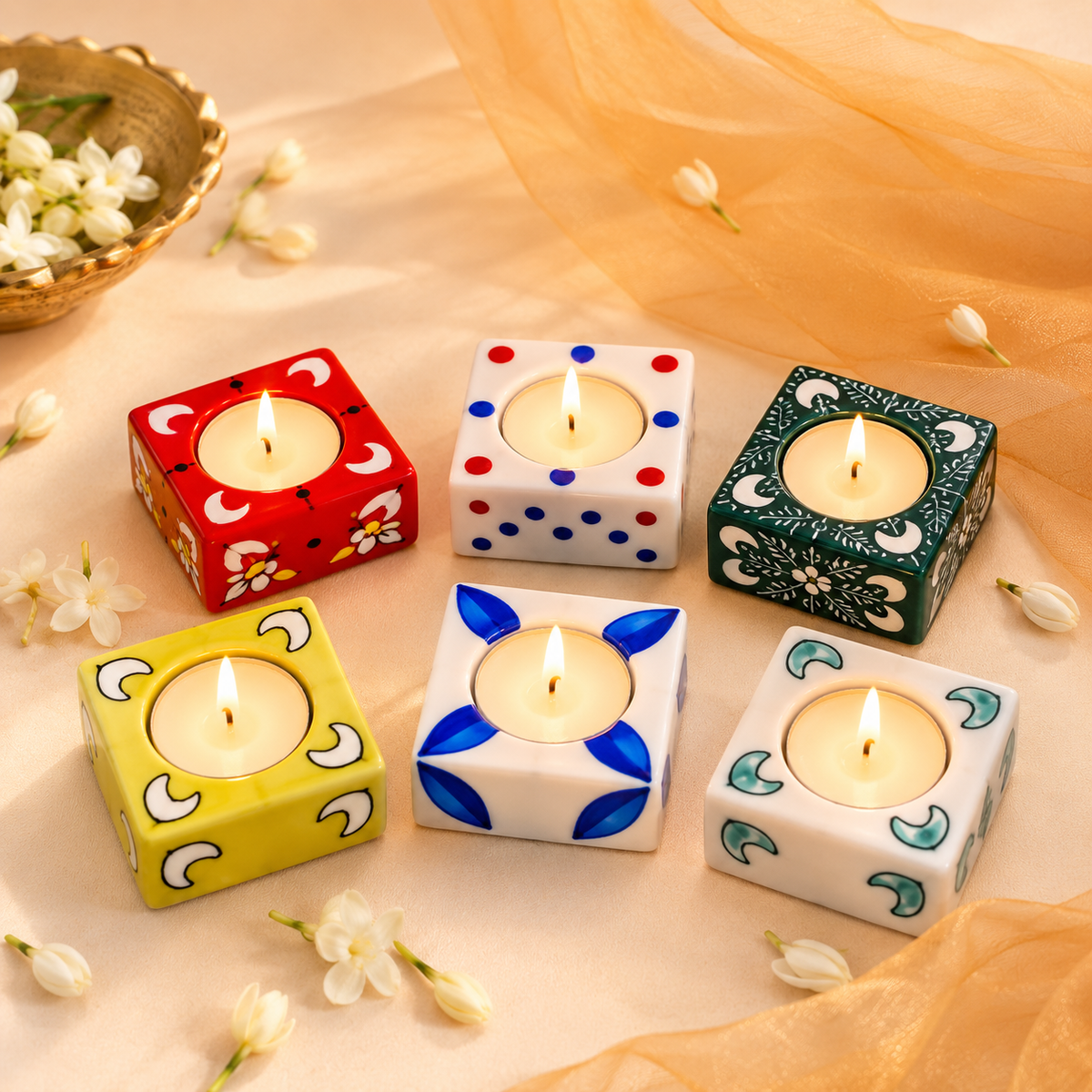 Floral Meenakari Square Diya Candle Holder Set of 6