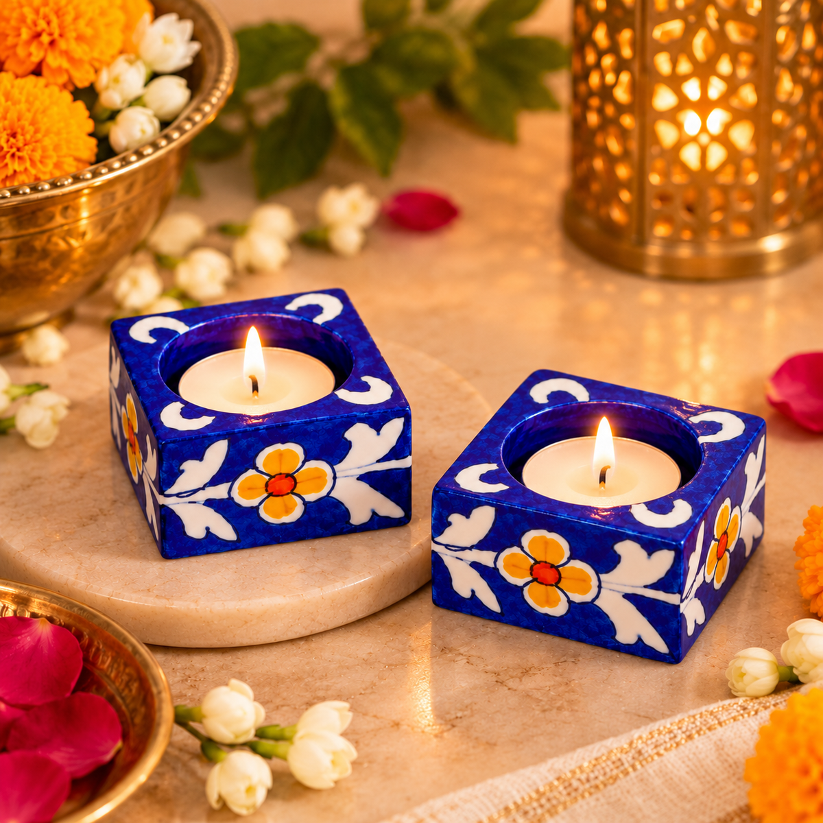 Handcrafted Blue Meenakari Square Diya Candle Holder Set of 2
