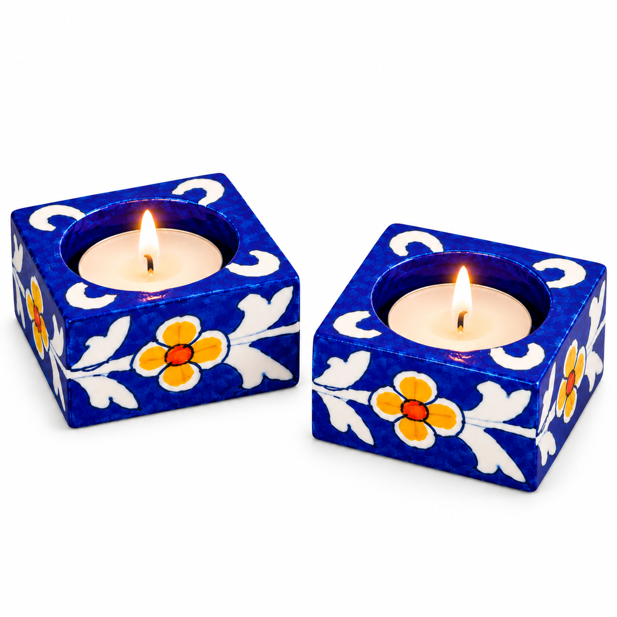 Handcrafted Blue Meenakari Square Diya Candle Holder Set of 2