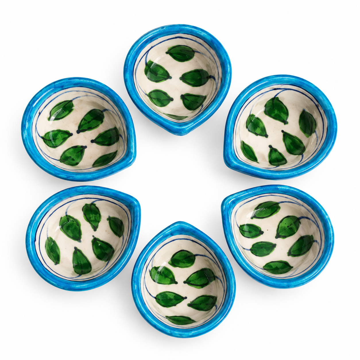 Handcrafted Blue & Green Leaf Design Diya Set of 6