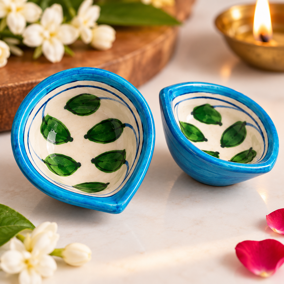 Handcrafted Blue & Green Leaf Design Diya Set of 6