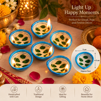 Handcrafted Blue & Green Leaf Design Diya Set of 6