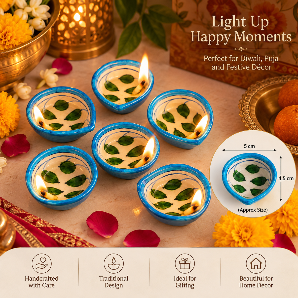 Handcrafted Blue & Green Leaf Design Diya Set of 6