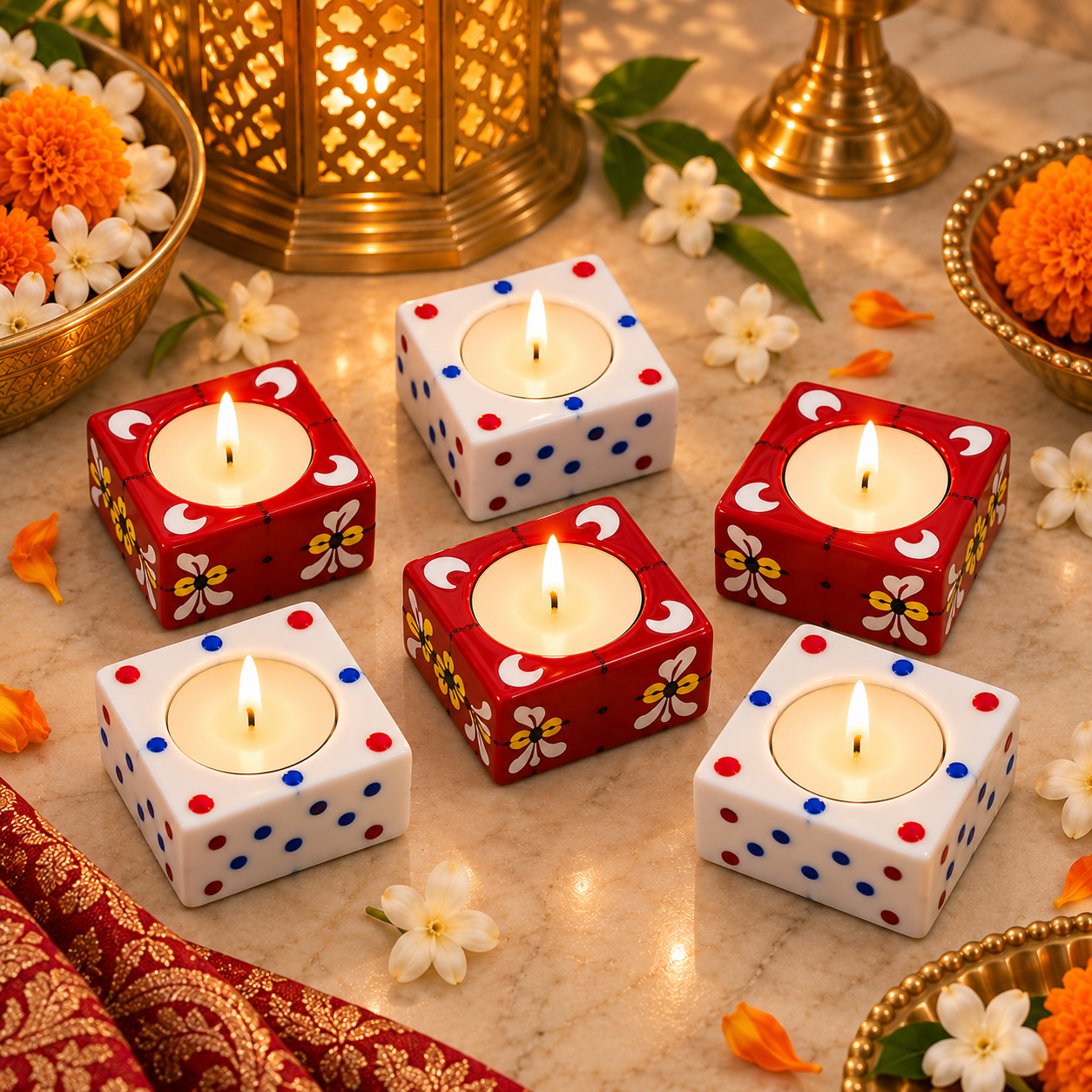 Meenakari Square Diya Candle Holder Set of 6